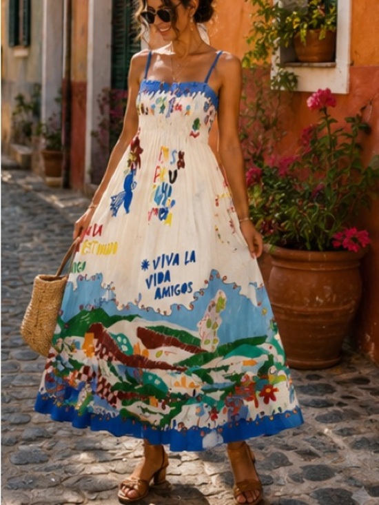 ASOS Dresses & Skirts - Bohemian Scenic Print Maxi Dress - White & Blue